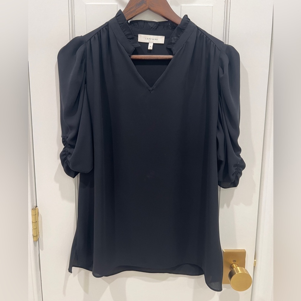 Lark & Ro Women's Georgette Half Sleeve Ruffle Neck Woven Blouse Black Size M - Picture 7 of 9